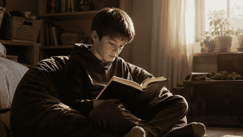 A 9-year-old child completely absorbed in a thick chapter book, sitting alone in a quiet room with soft light