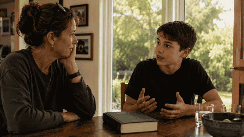 A parent and 11-year-old sitting together discussing a book they've both read, in easy and genuine conversation
