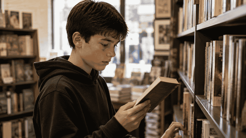 A 12-year-old browsing books independently in a library or bookstore, confident and self-directed in their choices