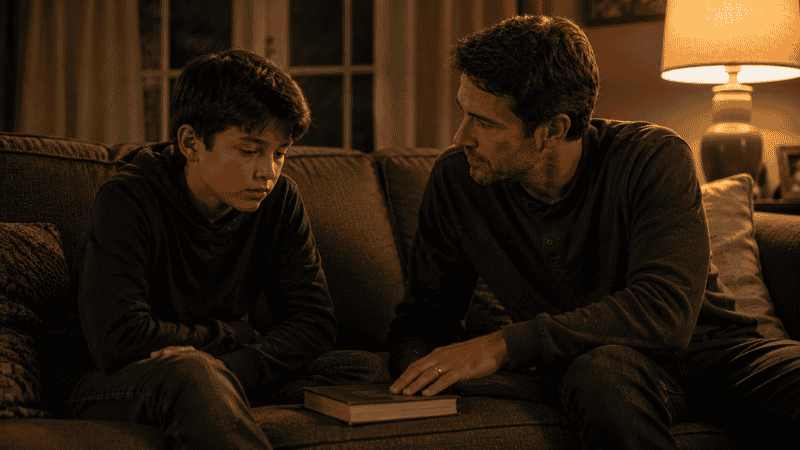 A parent and 10-year-old sitting together after finishing a serious book, both quiet and thoughtful in the aftermath of the story
