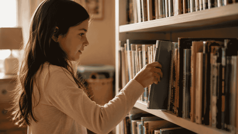 A child browsing a family bookshelf filled with classic children's books, pulling one out with curiosity and recognition