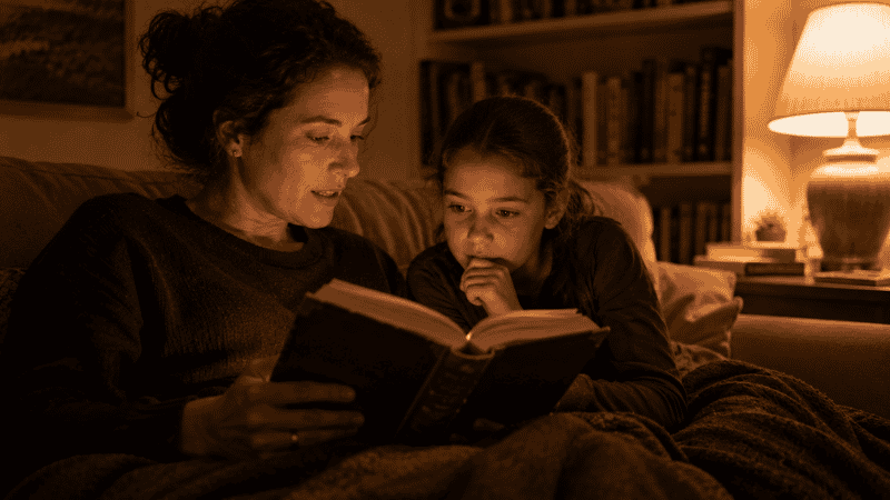 A parent reading a classic children's novel aloud to a 9-year-old, both visibly moved by a moment in the story
