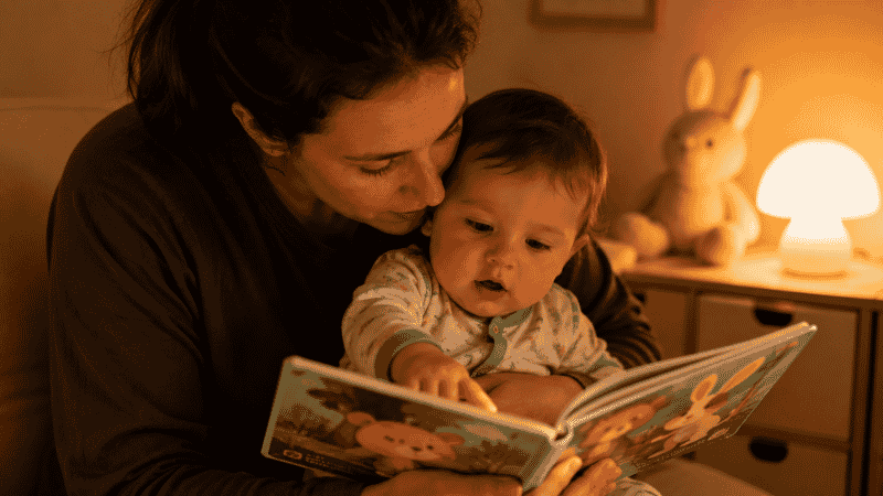 A parent and baby reading a classic board book together at bedtime, the baby reaching out to touch the colorful illustrations