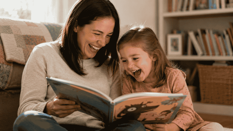 A 4-year-old child sitting with a parent reading a classic picture book, both laughing at something on the page