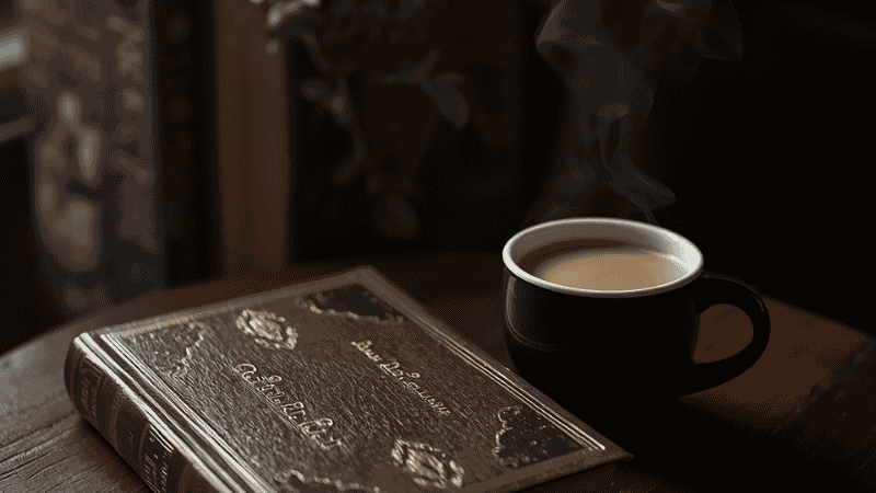 A cozy indoor reading environment featuring a hardcover book on a wooden table, a steaming coffee cup, and soft lighting, symbolizing the immersive experience of reading literary fiction.
