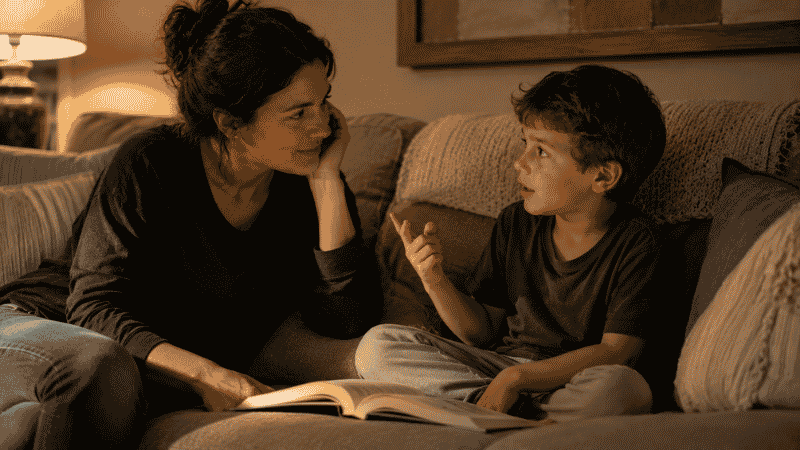 A parent and 6-year-old child pausing mid-chapter book to discuss what a character should do next, both thoughtful and engaged