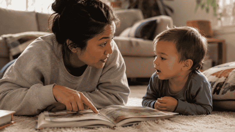 A parent pausing mid-story to ask their toddler a question about the picture book, both leaning in together with curiosity