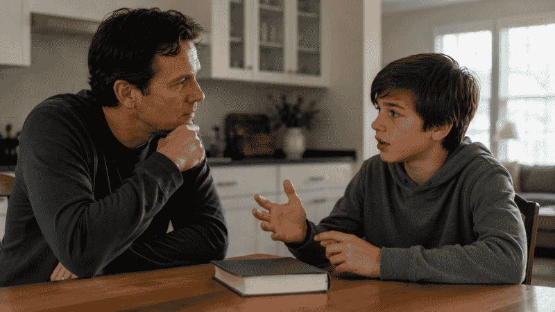 A parent and 10-year-old having a genuine debate about a book they both read, sitting as equals in easy conversation