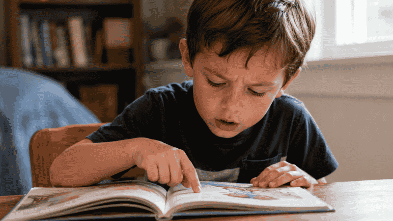 A 6-year-old child working hard to read a simple book, showing effortful concentration that differs from typical reading development