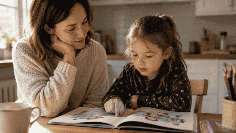 A parent sitting beside a child who is struggling with a book, offering calm and patient support