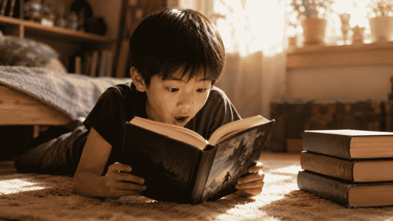 An 8-year-old child lying on their stomach reading a fantasy chapter book with a look of wonder and excitement