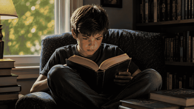 A 10-year-old child deeply absorbed in a thick fantasy novel, reading independently with complete focus and intensity