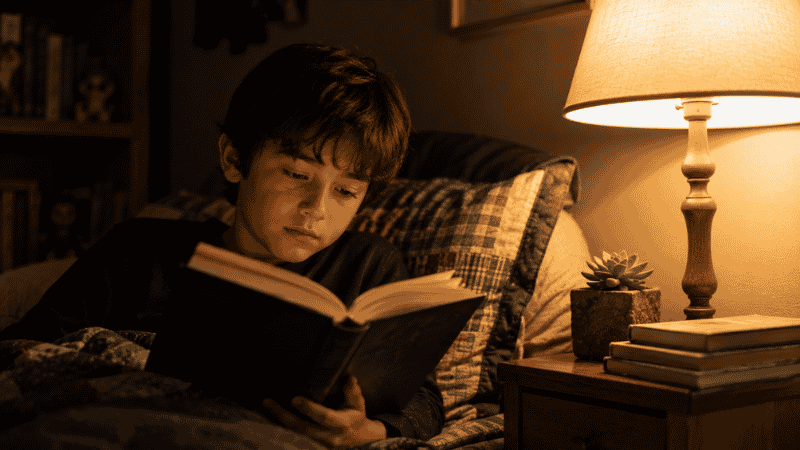 A 9-year-old child reading a thick fantasy novel late into the evening, completely lost in another world