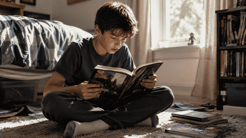 An 11-year-old reading a graphic novel with genuine engagement, sitting cross-legged on the floor in natural light