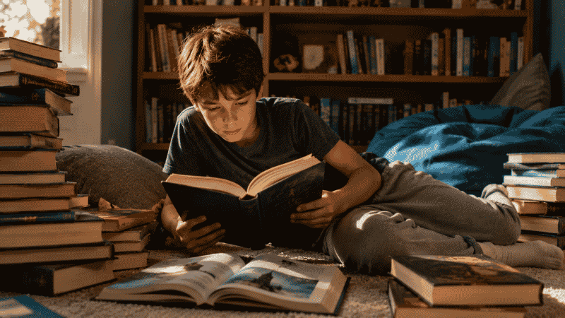 A 9-year-old child reading independently on the floor surrounded by a small personal collection of favorite books