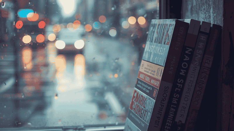A stack of contemporary literary fiction novels with minimalist cover designs leaning against a window, overlooking a rainy city street.
