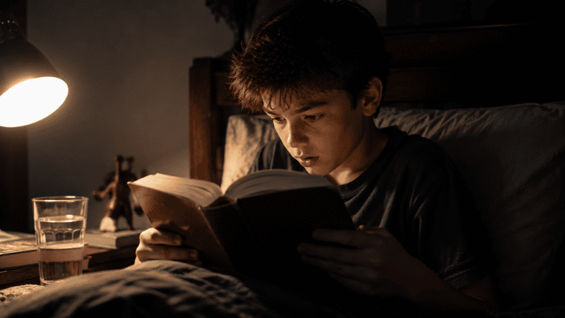 A 12-year-old intensely absorbed in a mystery novel late at night, too gripped by the story to stop reading