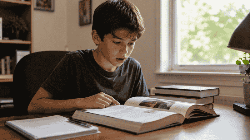 A curious 10-year-old reading a nonfiction book at a desk, surrounded by notes and a sense of genuine intellectual engagement
