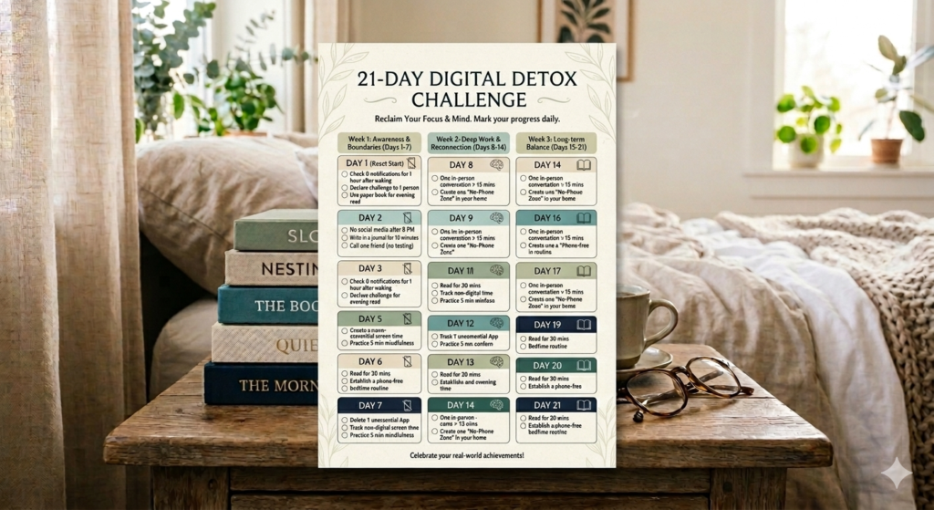 A comprehensive 21-day digital detox challenge checklist with daily checkboxes for tracking screen time reduction progress.