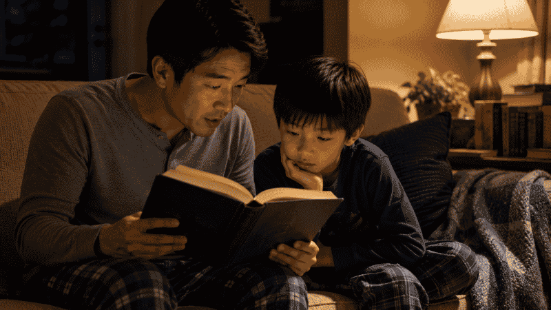A parent and 8-year-old reading a chapter book together on the sofa, the child leaning in close as the story gets exciting