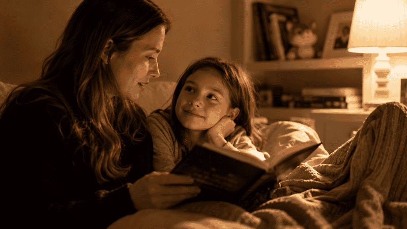 A parent reading aloud to a child with dyslexia, keeping books and stories accessible through shared reading