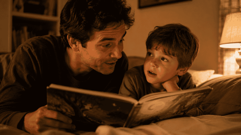 A parent reading aloud to a 6-year-old child who is listening intently, showing how read-aloud supports reading development