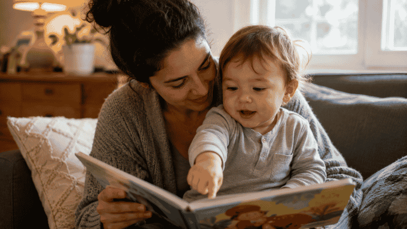 A toddler sitting on a parent's lap pointing at pictures in a board book, building early pre-reading skills
