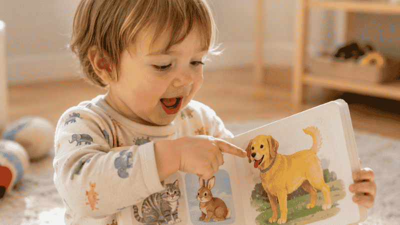 A 2-year-old toddler pointing at a picture in a board book and attempting to say the word, showing early vocabulary development