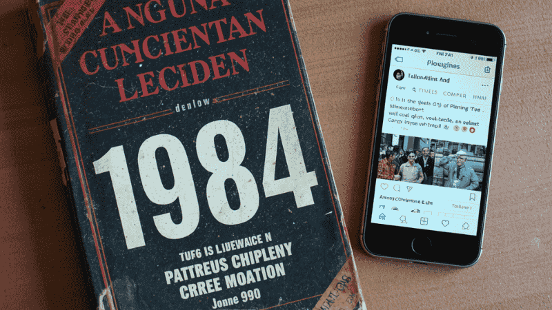 A high-angle shot of a weathered, vintage copy of the book 1984 resting on a dark wooden desk next to a modern smartphone displaying a social media feed, illustrating the book's ongoing relevance in the age of algorithms.