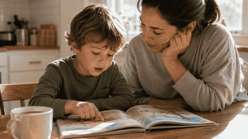 A young child around age 5 sounding out words in a picture book, sitting beside a patient parent at a sunny kitchen table