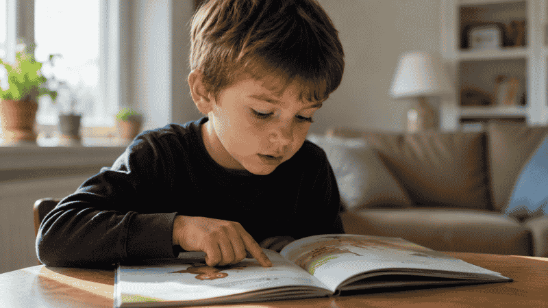 A 5-year-old child carefully sounding out words in an early reader book, showing the first signs of independent reading