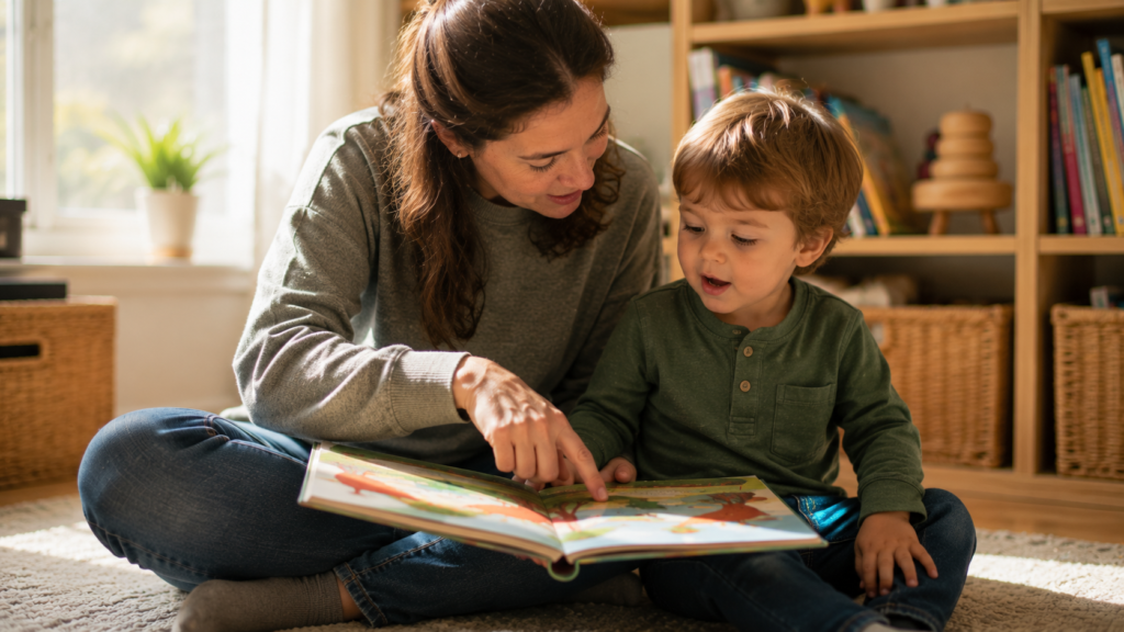 A parent and young child reading a picture book together on the floor, building early literacy skills through shared reading