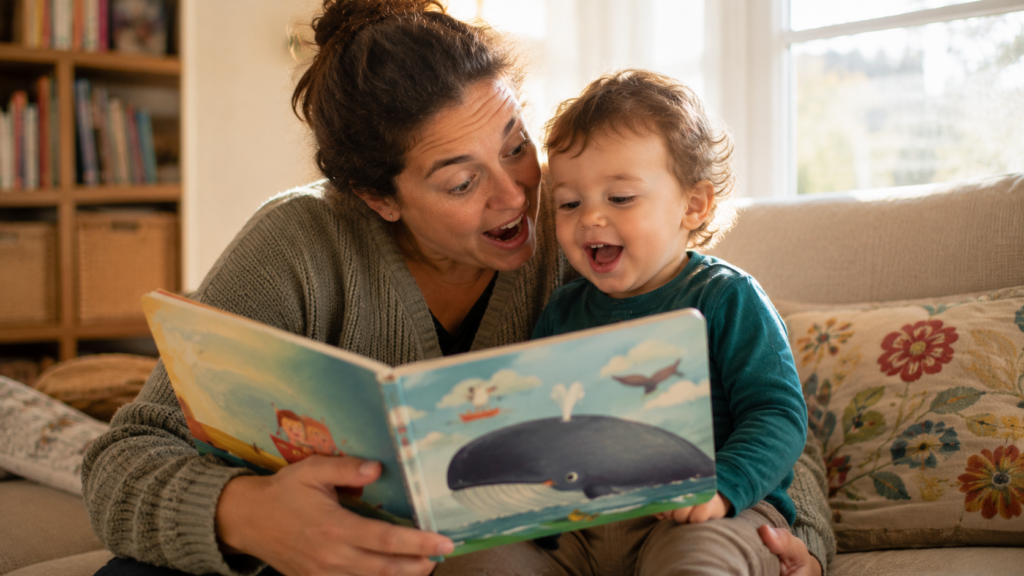 A parent reading aloud to a toddler with expression and engagement, building vocabulary and print motivation through joyful shared reading