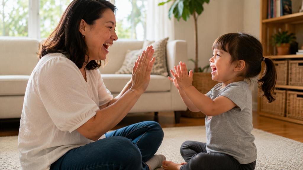A parent and toddler singing a nursery rhyme together, clapping hands, building phonological awareness through music and rhythm