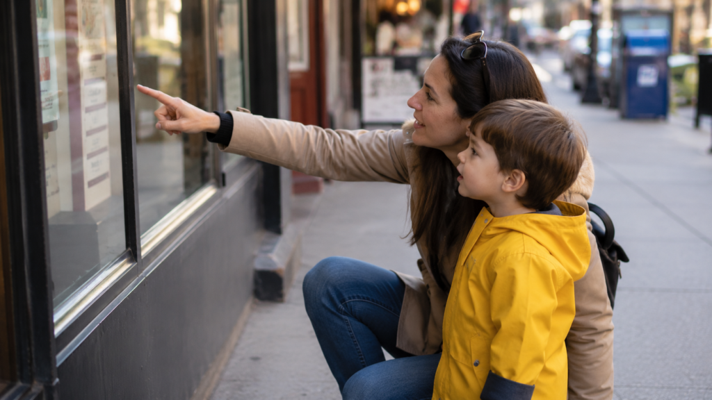 A parent pointing out letters on a sign to a curious preschooler, building print awareness through everyday environmental print