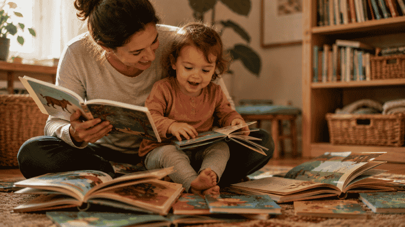 A toddler sitting on a parent's lap surrounded by colorful board books and picture books, both engaged in reading together