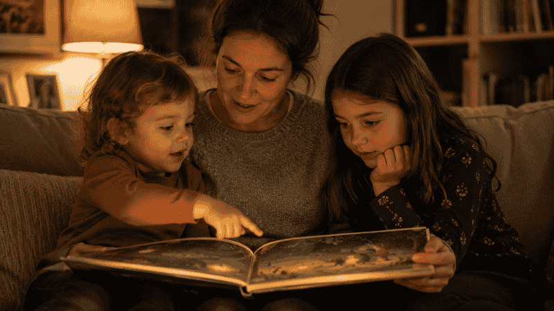 A family of three reading an award-winning picture book together on the sofa, all three engaged with the illustrations