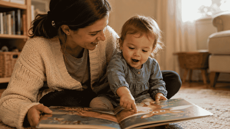 A toddler and parent looking at a classic award-winning picture book together, the toddler reaching out to touch the illustrations