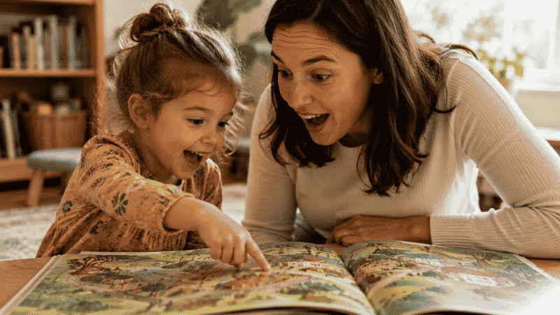 A child pointing at a small hidden detail in a picture book illustration while a parent looks on with delight at the discovery