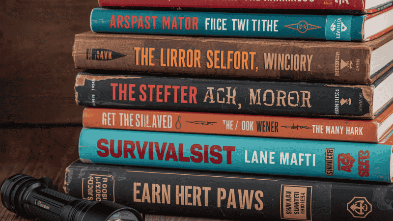 A stack of worn survivalist novels including Lights Out by David Crawford on a rustic wooden desk, placed next to a tactical flashlight and a compass, emphasizing the theme of disaster preparedness