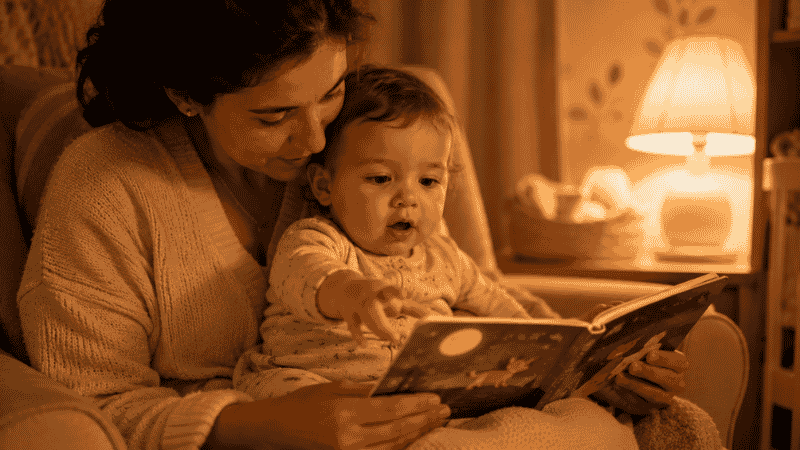 A parent holding a baby around 15 months old and reading a colorful board book together at bedtime, the baby reaching toward the pages