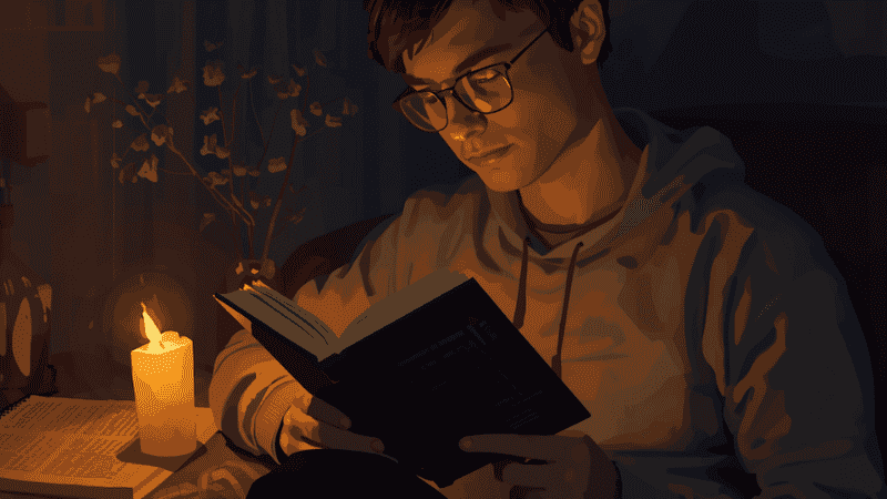 A person reading a book by the soft glow of a candle in a dark room, symbolizing the low-tech survival reality and the shift in lifestyle described in the Lights Out book series