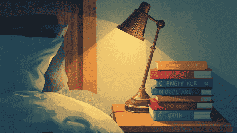 A cozy, dimly lit bedroom scene featuring a small reading lamp, a warm blanket, and a stack of vibrant children’s picture books on a nightstand, representing a healthy bedtime reading habit.