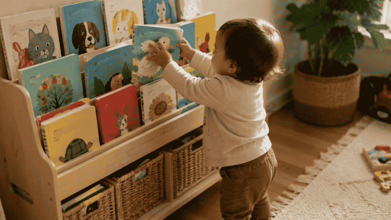 A low accessible bookshelf with colorful toddler board books and picture books displayed face-out, a toddler reaching for one