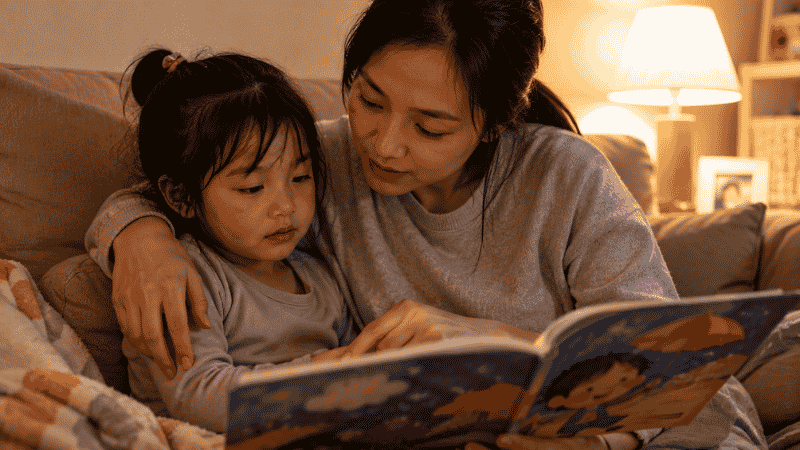 A parent sitting close to a child who has been upset, both now calm and reading a feelings picture book together on the couch
