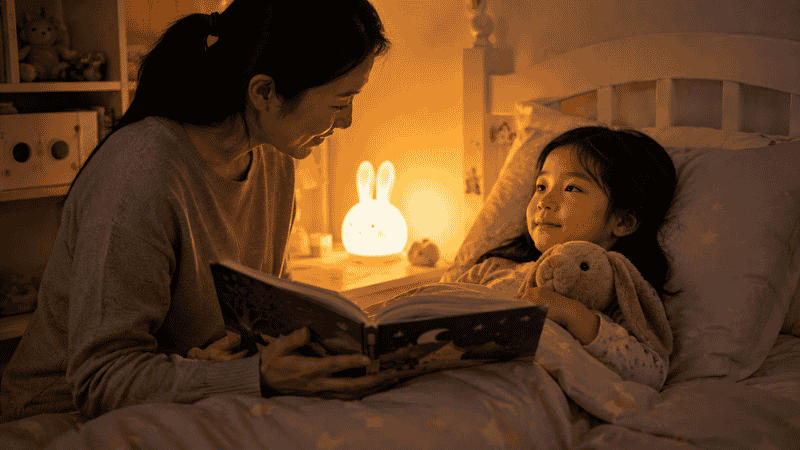 A parent reading a worry-themed picture book to a child at bedtime, the child listening with a relaxed and reassured expression
