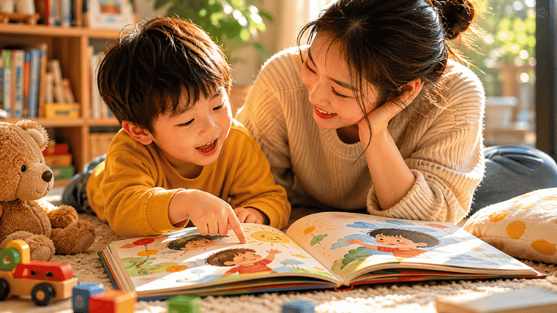 A parent and young child sitting together on the floor reading a colorful feelings book, the child pointing at an illustration that resonates with them