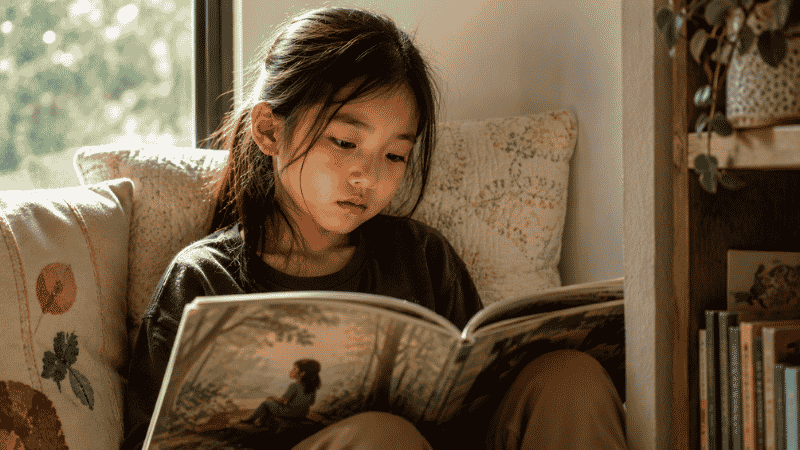 A child sitting alone reading a picture book about friendship and kindness, expression thoughtful and quietly moved
