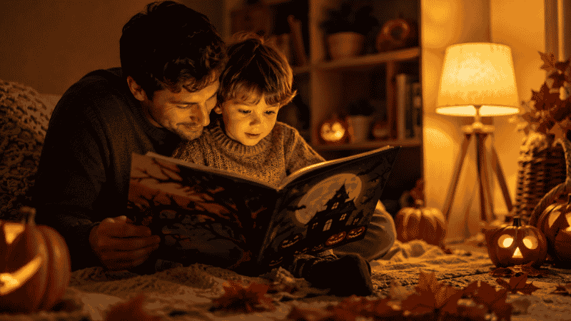 A parent and child reading Halloween picture books together by warm lamplight, surrounded by autumn decorations and a small pumpkin