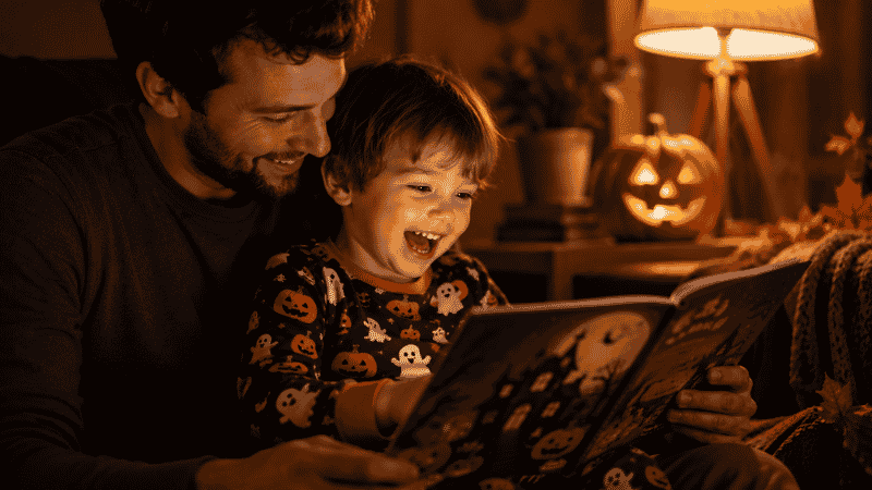 A toddler in Halloween pajamas sitting on a parent's lap laughing at a funny Halloween picture book, completely delighted